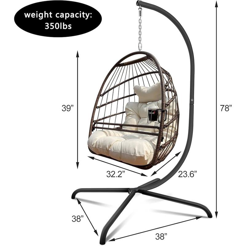 Swing Egg Chair with Cushion and Pillow, Indoor Outdoor Wicker Rattan Patio Basket Hanging Chair with Metal Stand