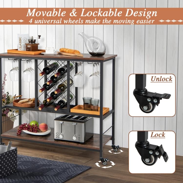 3-Tier Wine Bar Cabinet wit 8 Bottles Rack and 12 Glasses Hanger-Rustic Brown - 39.5" x 16" x 34" (L x W x H)