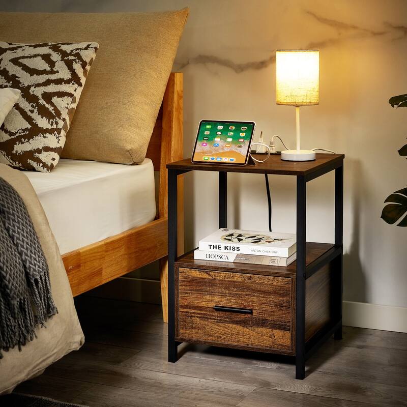 Javlergo Nightstand with Charging Station and Drawers End Side Tables with Open Storage Shelf for Bedroom Living Room