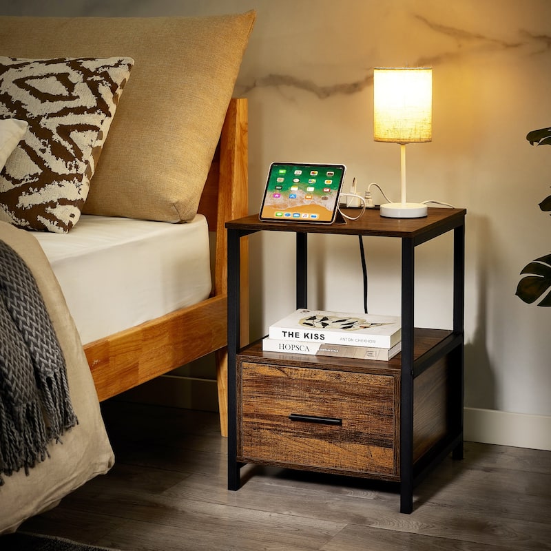 Javlergo Set of 2 Nightstand with Charging Station and Drawers, End Side Tables with Open Storage Shelf