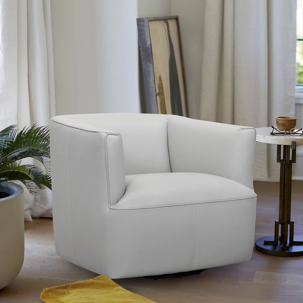 Whitney Dove Gray Leather Barrel Chair, 45-Degree Swivel Leather Arm Chair