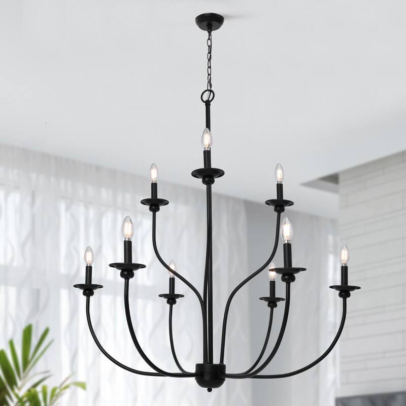 Modern Farmhouse 9-Light Black Wheel Chandelier for Dining Living Room - D 39.4" x H 31.1"