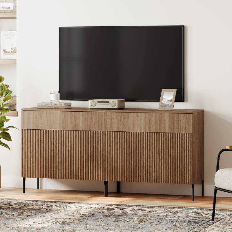 31.5" Modern Reeded TV Stand With Doors, Entertainment Center With Shelf, Wooden TV Console