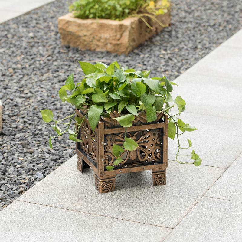 Set of 2 Outdoor Living Butterfly Square Plant Stands, Decorative Flower Planting Pots, Antique Bronze Finish, Patio Decor