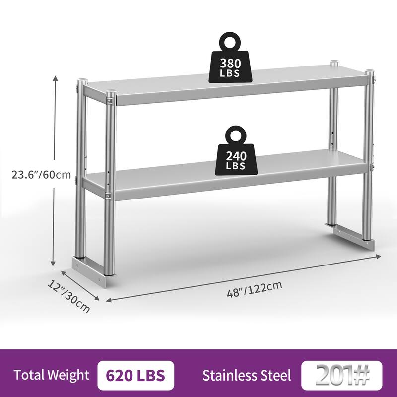 Stainless Steel Overshelf, 2 Tier Overshelf with Hook, Adjustable Double Overshelf for Kitchen Prep Table
