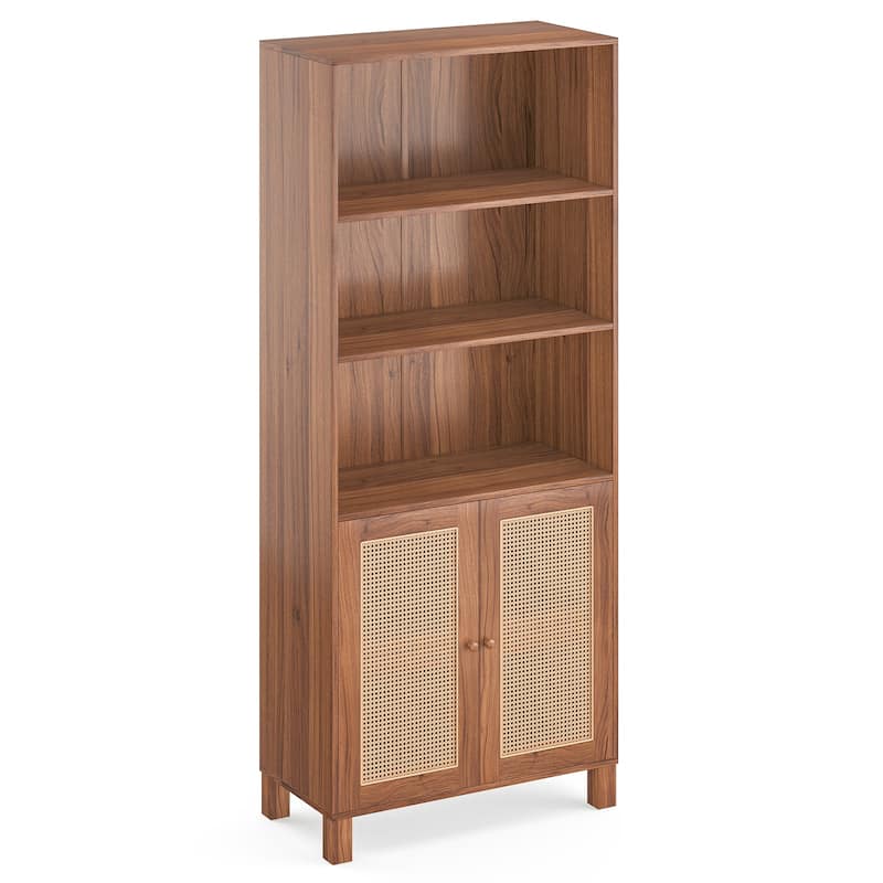 Tall Bookcase with Rattan Doors,5 Tier Storage Wood Shelves Large Bookshelf for Library Living Room Bedroom Home Office