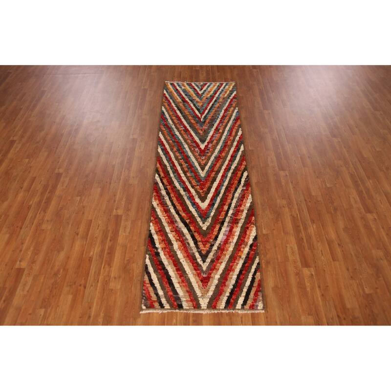 Chevron Style Multi-Color Moroccan Runner Rug Handmade Wool Carpet - 3'0" x 9'7"