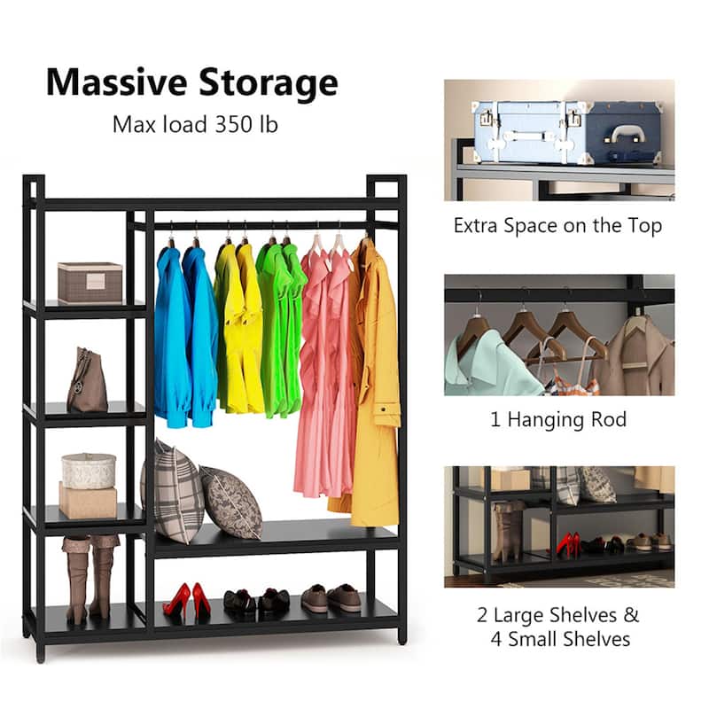 Brown/ Black Wood Industrial Clothing rack with shelves, 5-Tier Clothes Garment Rack Closet Organizer System with Hanging Rod