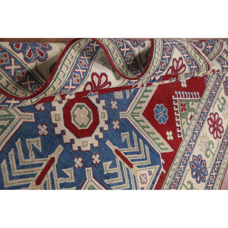 Hand Knotted Oriental 100% Wool Carpet Traditional Geometric Red Kazak Area Rug - 9' 10'' X 6' 9''