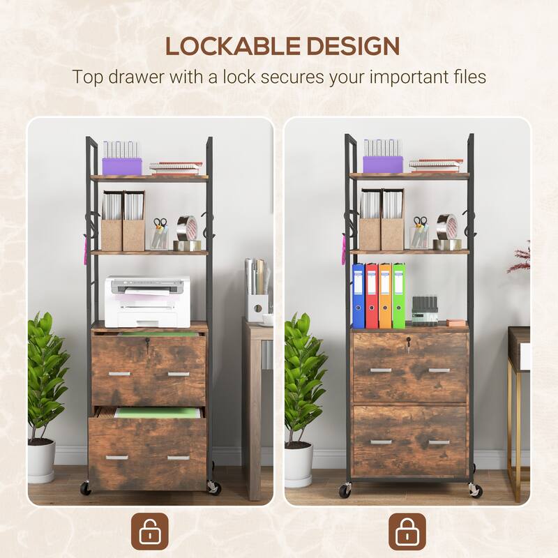 Vinsetto 2 Drawer File Cabinet with Key, Bookshelf, Mobile Filing Cabinet with Adjustable Hanging Bar for Letter, A4