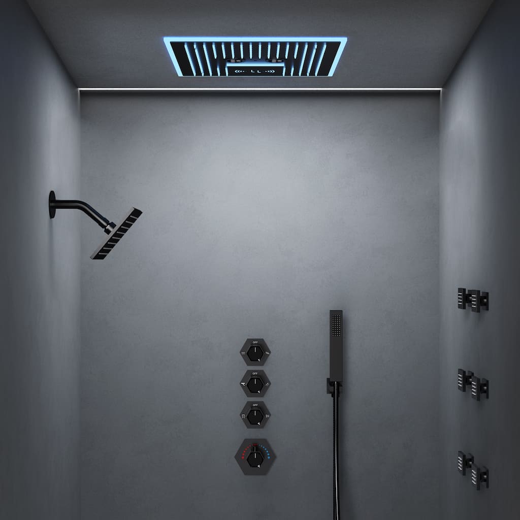 GRANDJOY LED Music Shower System 16" & 6" Dual Shower Heads with 6 Body Jets