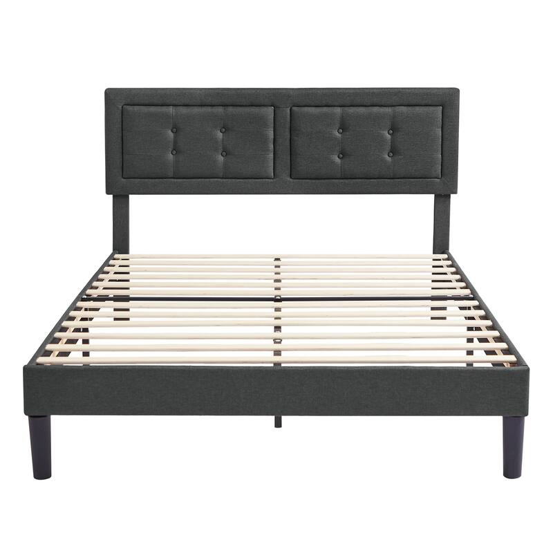 Strong Frame and Wooden Slats Support Bedframe，Platform Bed Frame with Linen Upholstered Headboard,Grey Bed Frames