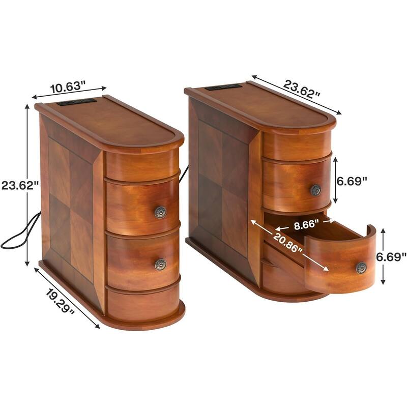Solid Wood End Table, Two-Drawer Narrow Side Table, Fully Assembled