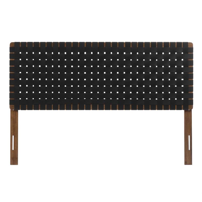 Ditmas Solid Wooden Black Leather Basket Weaved Queen Size Headboard