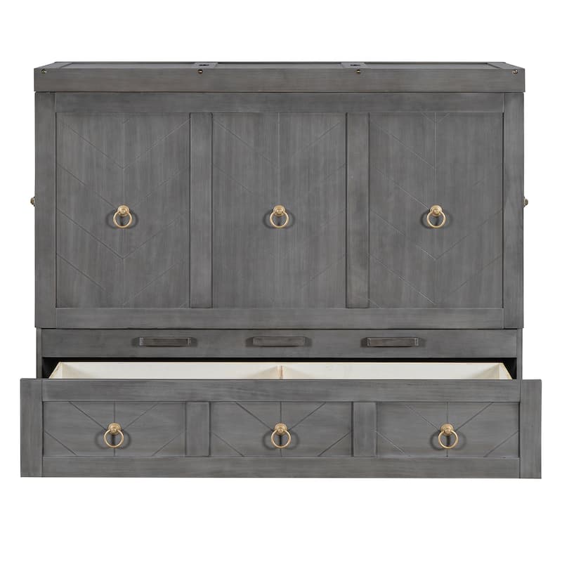 Gray Full Size Space-Saving Design Murphy Bed with USB Port and Large Drawer for Bedroom
