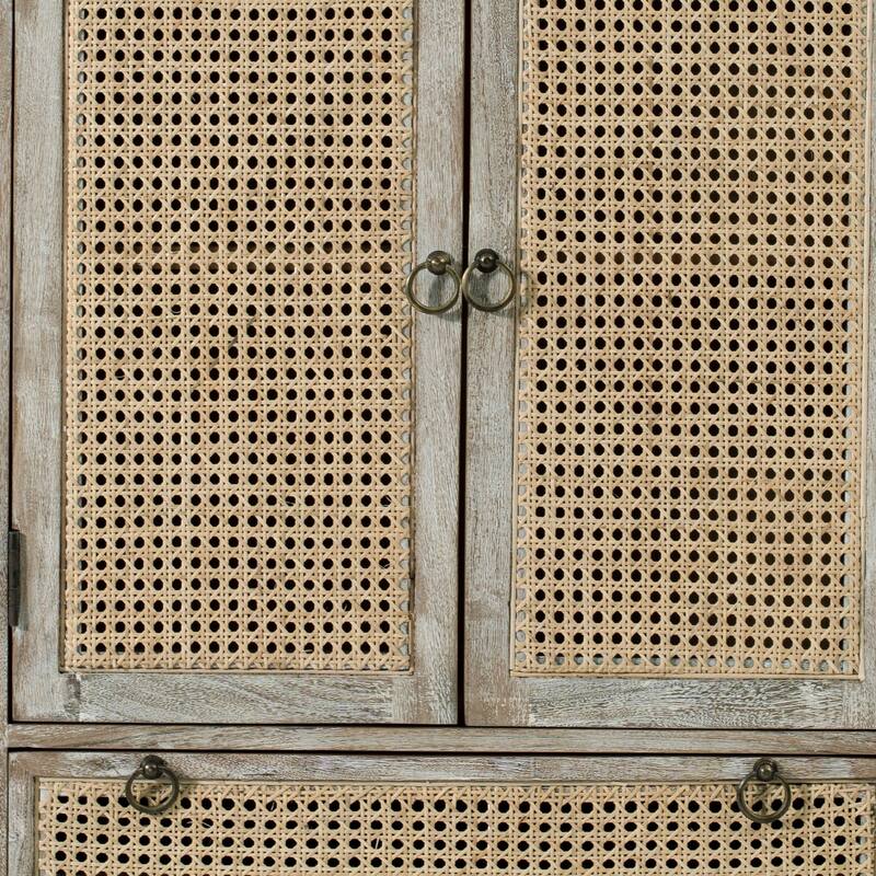 38 Inch 2 Door Cabinet, 1 Drawer, Acacia Wood, Cane Front, Weathered White