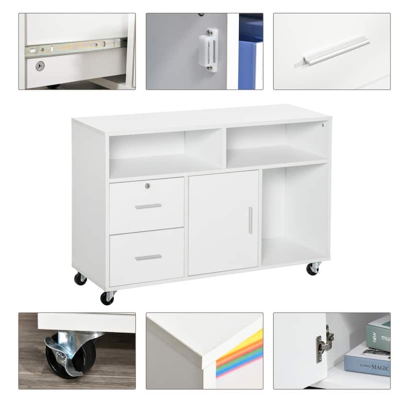 White Rolling Printer Stand with Storage Cabinet Drawers and Open Shelves for Home or Office - 39.25" L x 13.75" W x 25.5" H