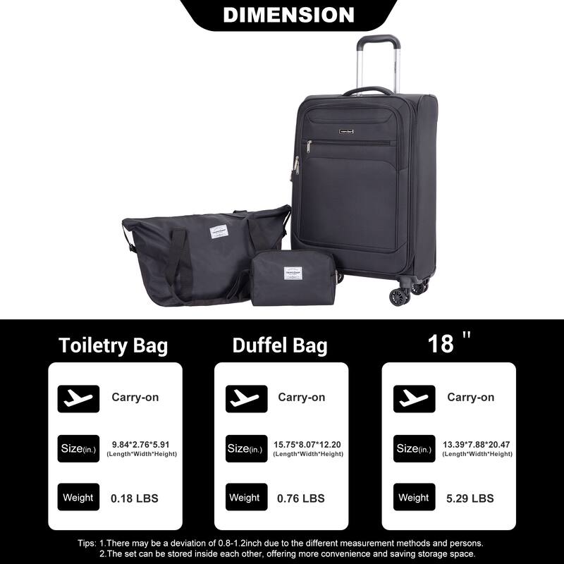 Durable 3-Piece Polyester Luggage Set (18" Carry-On, Travel Bag, Toiletry Bag) with 360° Spinner Wheels