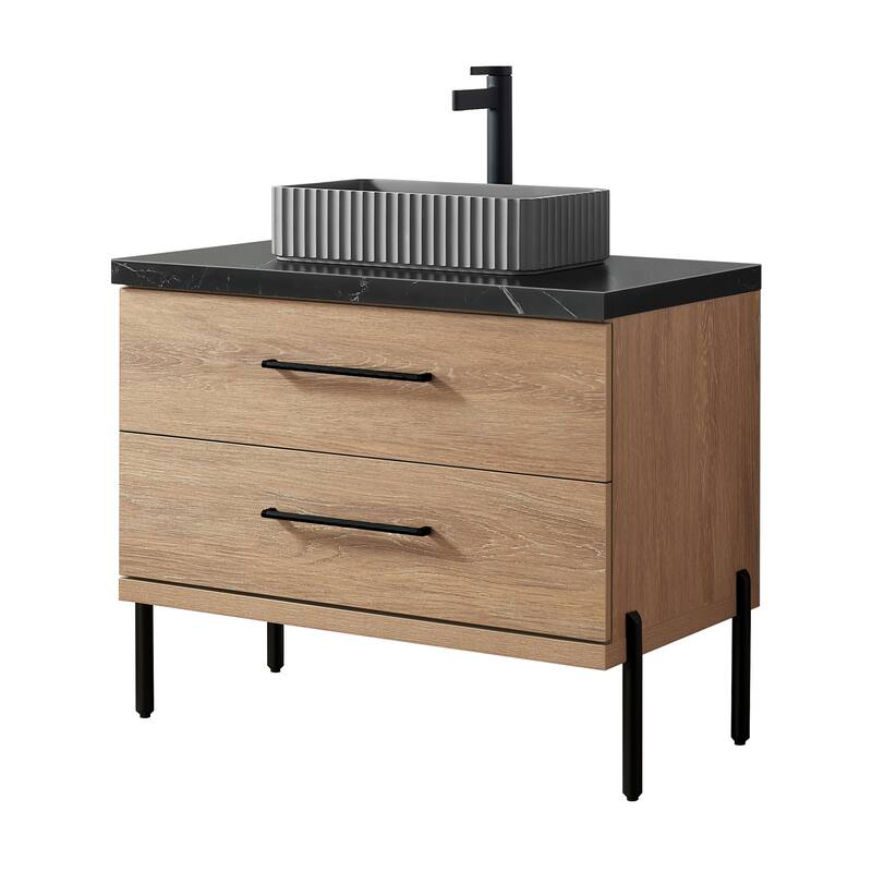 Trento Bath Vanity, Sintered Stone Top with Concrete Sink without Mirror - 36in. - North American Oak(Rectangular Sink)
