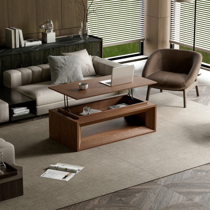 43.3" Lift-Top Coffee Table, Solid Wood Veneer Modern Accent Table with Storage and Adjustable Height