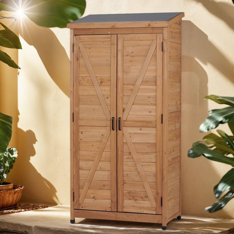 Outdoor Wooden Storage Shed with Metal Top Tall Vertical Tool Cabinet for Backyard Garden Patio Lawn