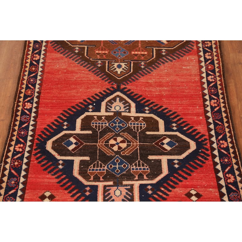 Hand Knotted Oriental 100% Wool Carpet Traditional Geometric Oranges & Rust Hamedan Runner Rug - 9' 8'' X 3' 7''