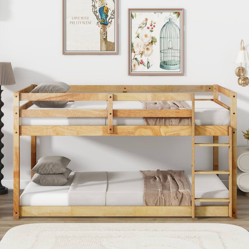 Low Loft Bed with Ladder, Solid Rubber Wooden Bed Frame for Multi Children, Floor Bed - Available with or without Slats