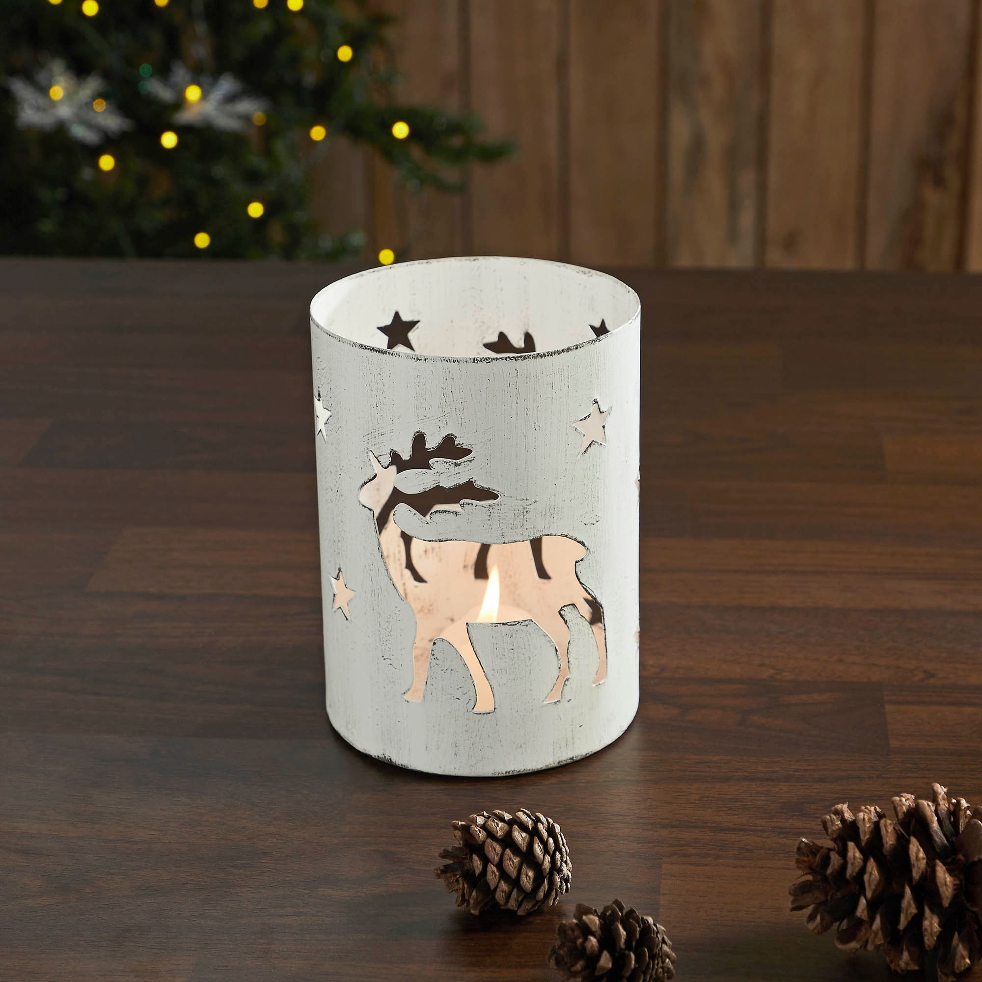 Winter Walk Distressed White Metal Candle Holder 6x4.25x4.25