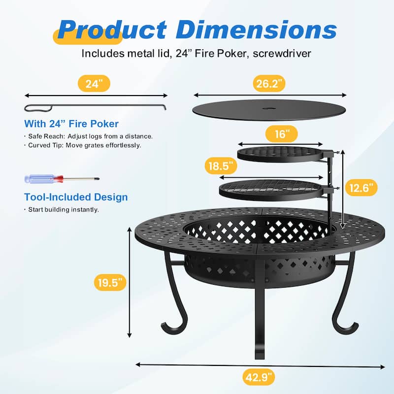 3-in-1 Outdoor Fire Pit Table - BBQs, Bonfire & 43" Metal Table - N/A
