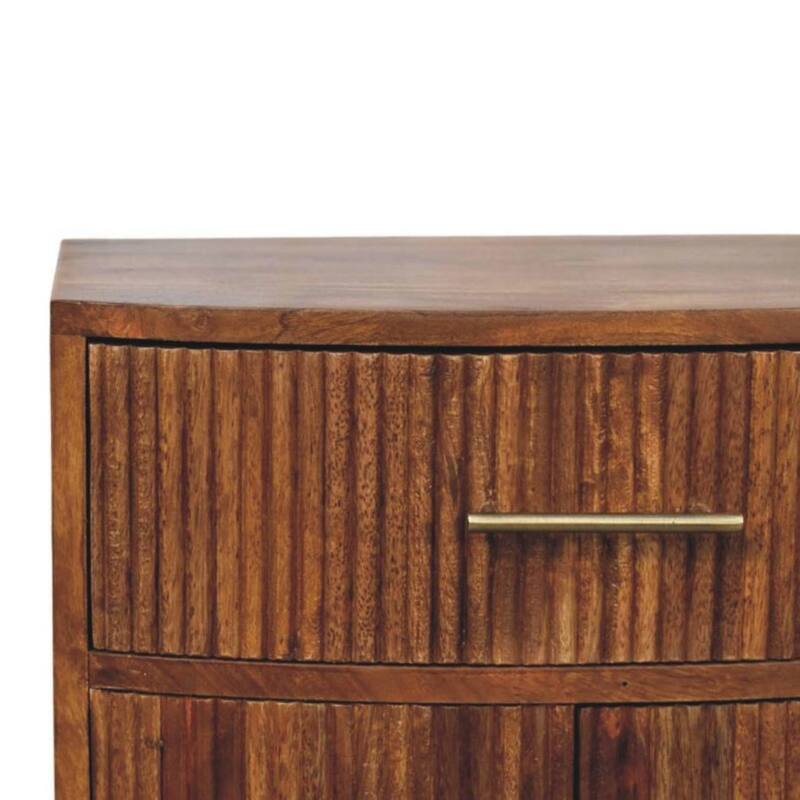 Solid Wood Curved Ribbed Bedside with Drawer,Brown,1-door