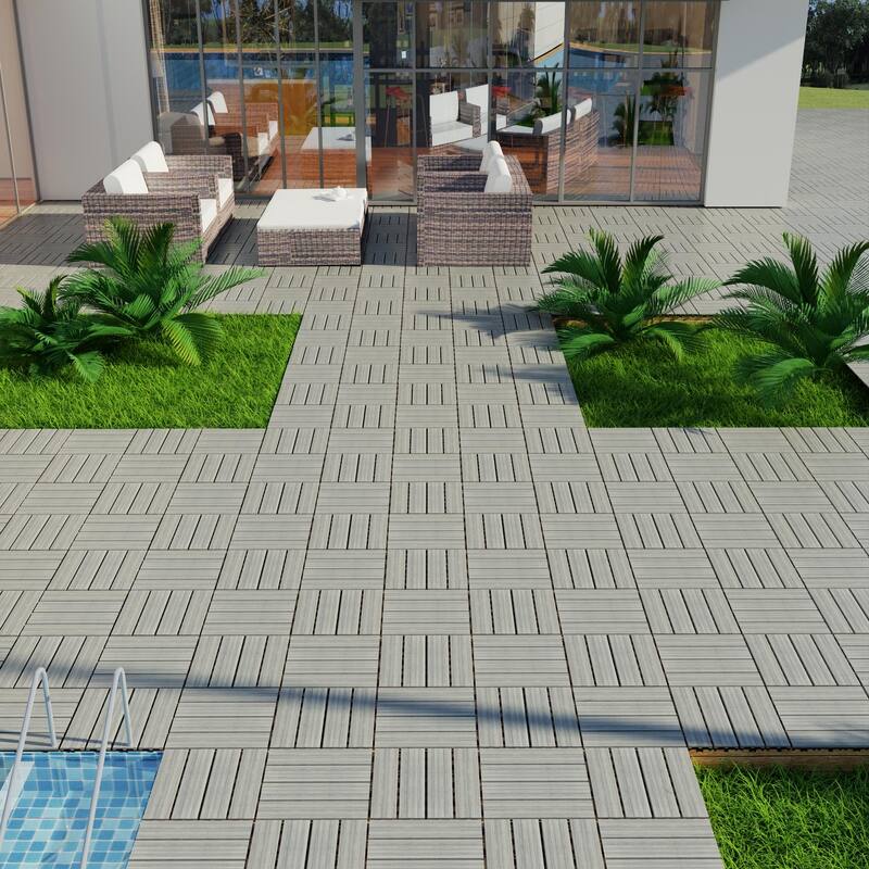 Patio Floor Tiles Pack of 11 WPC Wood-Plastic Composite Patio Deck Tiles DIY Interlocking Decking Tiles, Quick Deck Floor Tile