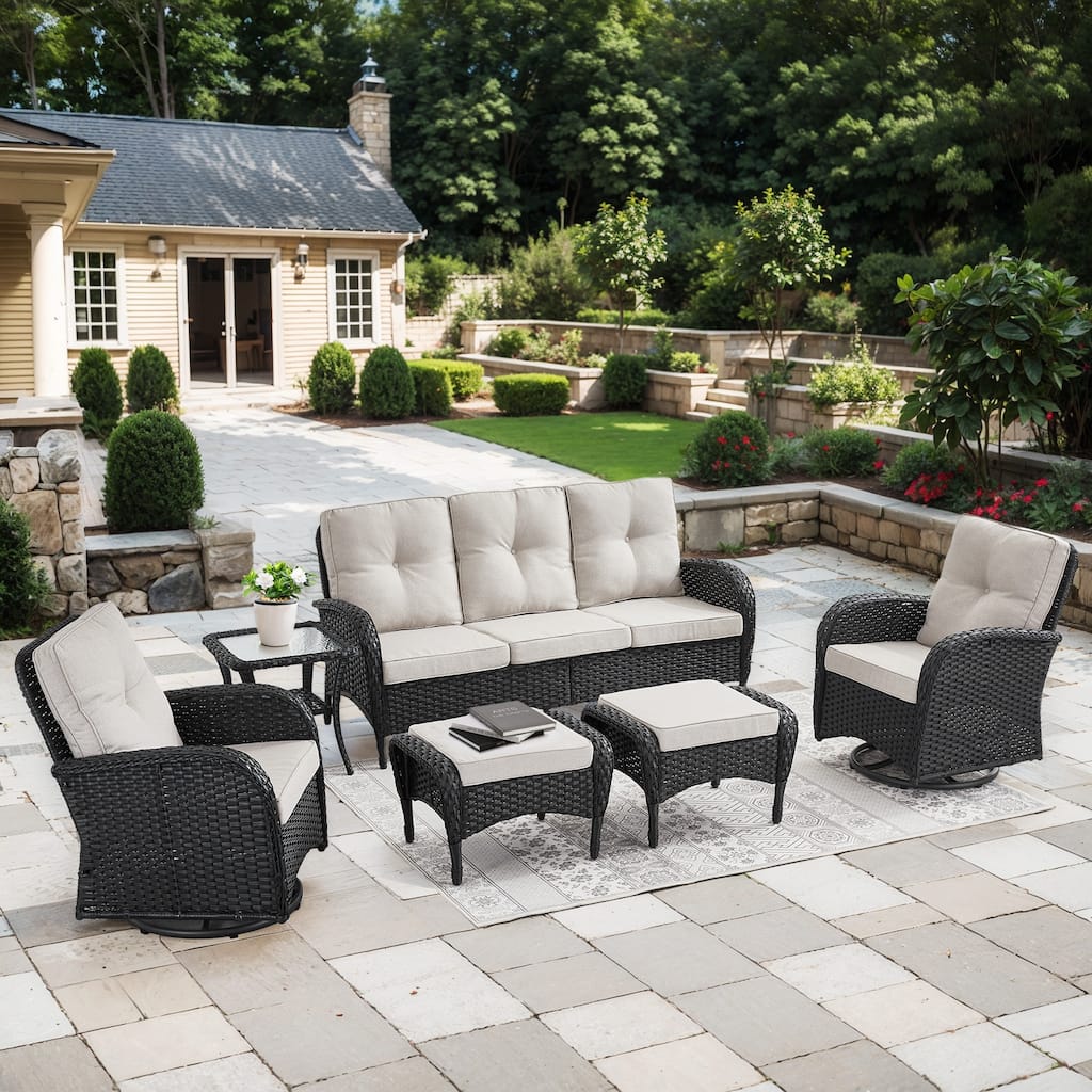 6 Pieces Patio Sofa Chairs Ottoman Black-Beige - Black