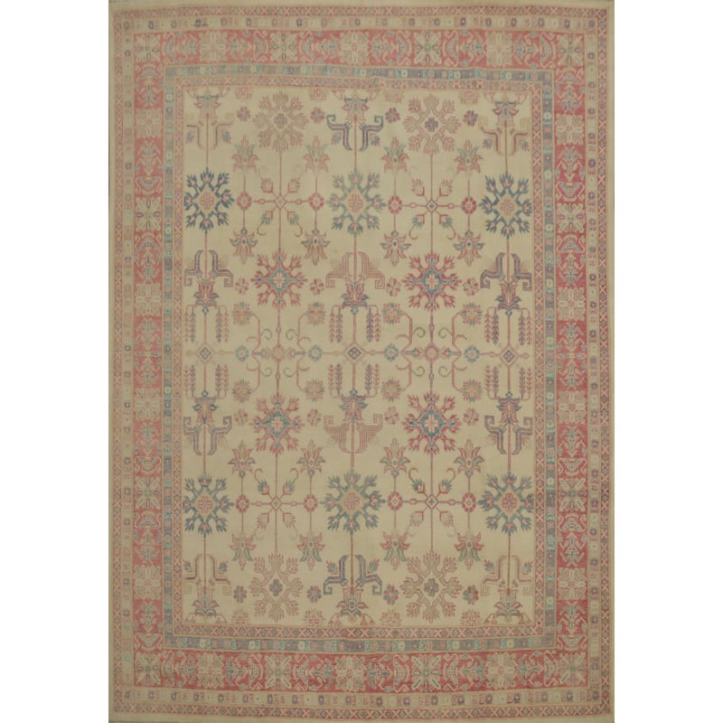 Hand Knotted Oriental 100% Wool Carpet Traditional Geometric Beige & Ivories Kazak Area Rug - 9' 6'' X 8' 3''