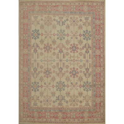 Hand Knotted Oriental 100% Wool Carpet Traditional Geometric Beige & Ivories Kazak Area Rug - 9' 6'' X 8' 3''