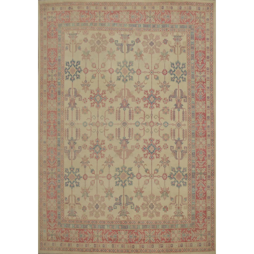 Hand Knotted Oriental 100% Wool Carpet Traditional Geometric Beige & Ivories Kazak Area Rug - 9' 6'' X 8' 3''