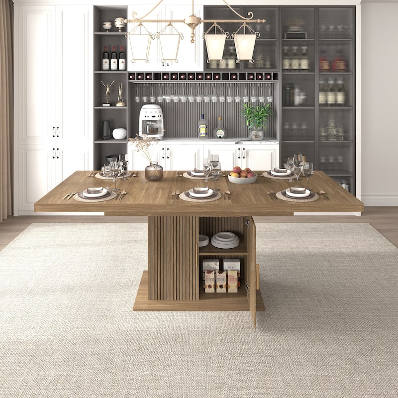 Extendable Cabinet Dining Table with Storage, Wood Kitchen Table with Striped Cabinet, Waterproof Coffee Table