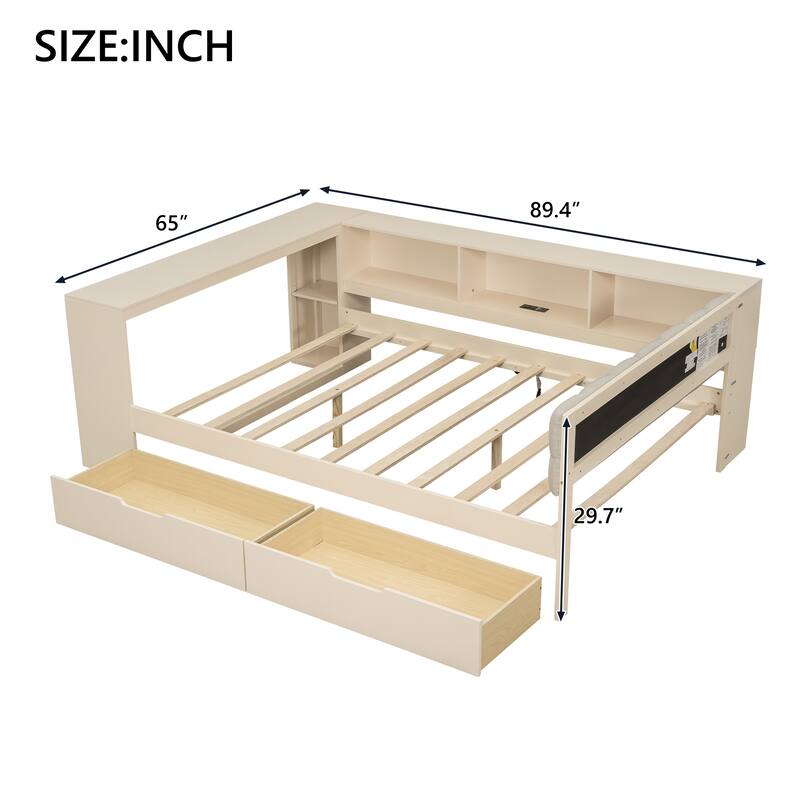 Wood Platform Bed Twin/Full Cream Gray Linen Headboard 2 Drawers Charging Station