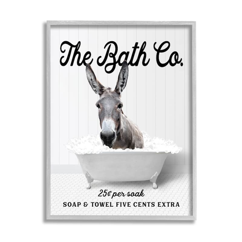 Stupell Bubble Bathtub Donkey Framed Giclee Art Design by Lettered and Lined - 11 x 14 - Grey