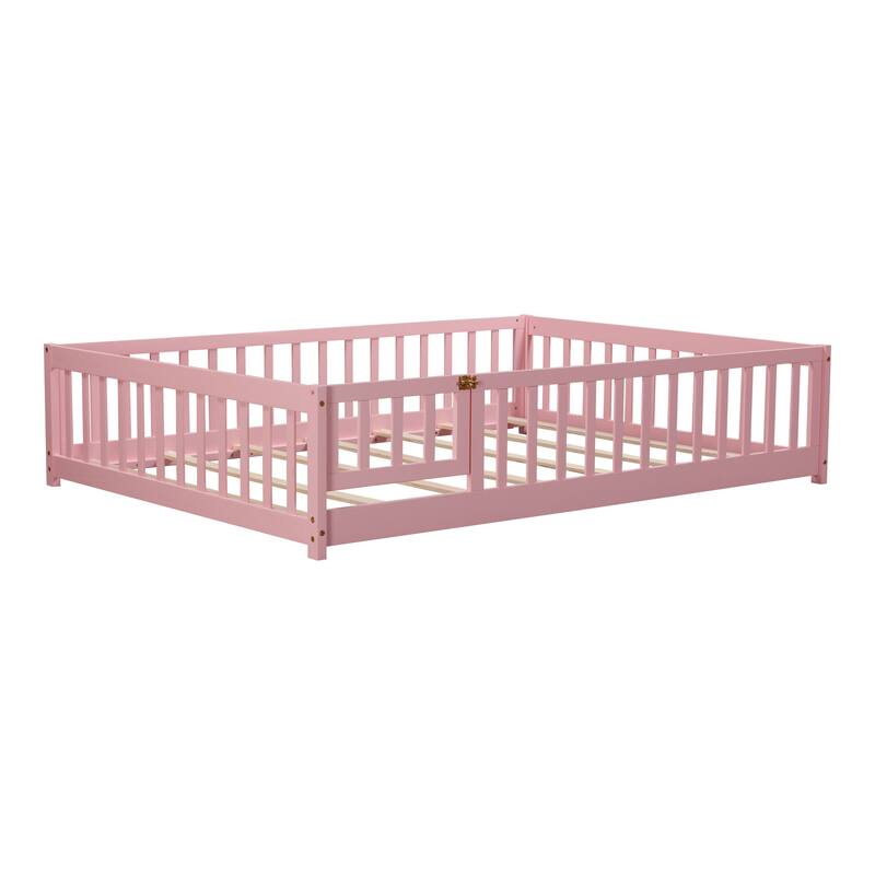 Floor Bed with Fence,Door and Safety Guardrails,Perfect for Kids' Play,Sleep and Development