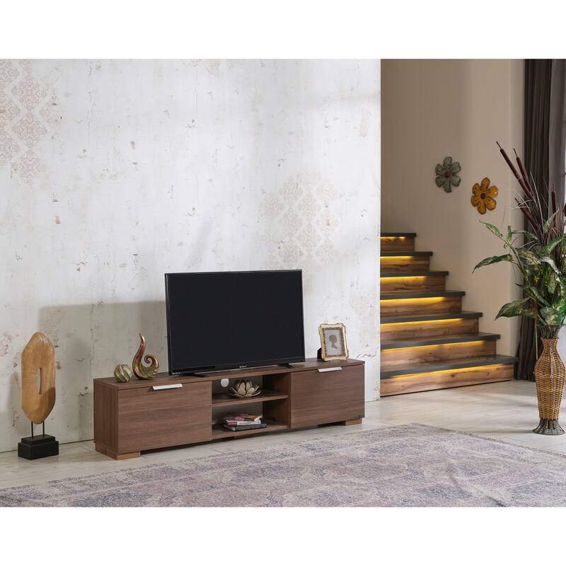 FurnisHome Store Luxia Mid Century Modern Tv Stand 2 Sliding Door Cabinet 2 Shelves 67 inch Tv Uni, White
