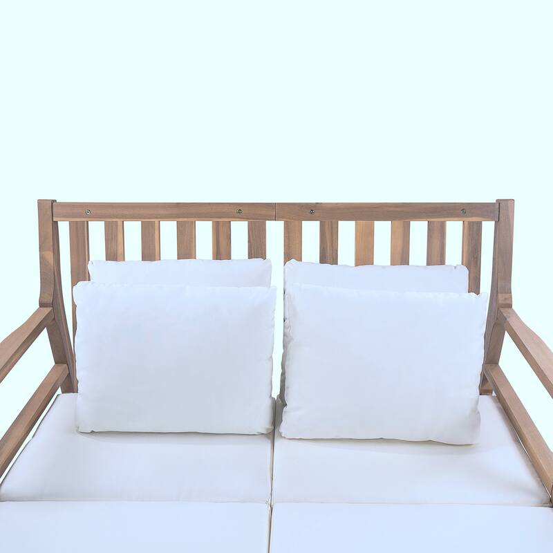 Outdoor Daybed, Patio Daybed with Four Pillows, Wooden Outdoor Bed with Curved Armrests for Poolside, Backyard, Garden