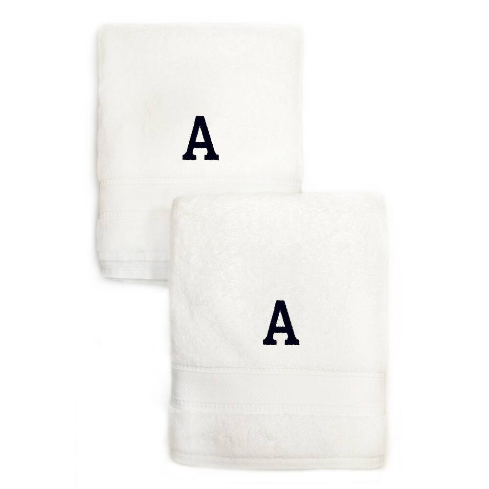 Authentic Hotel and Spa 2-piece White Turkish Cotton Hand Towels with Black Monogrammed Initial