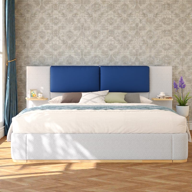 Upholstered Platform Bed Frame with Side Storage Panels, Soft Rounded Corners, Cushioned Headboard & No Box Spring Needed