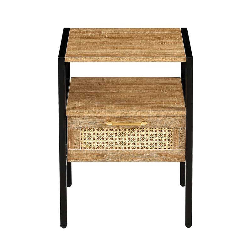 Rattan End Table with Drawer and Metal Legs