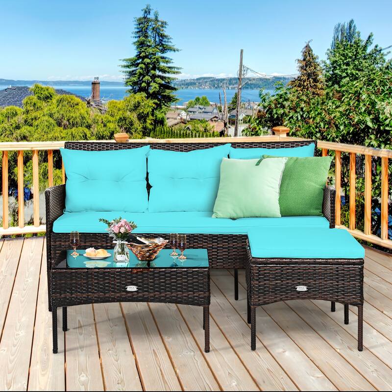 Costway 3PCS Patio Rattan Furniture Set 3-Seat Sofa Cushioned Table - See details