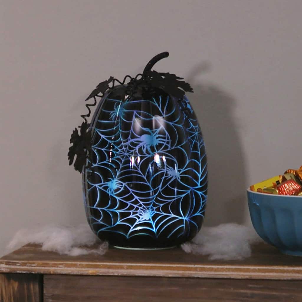 Black Spiderwebs LED Glass Pumpkin Statuary