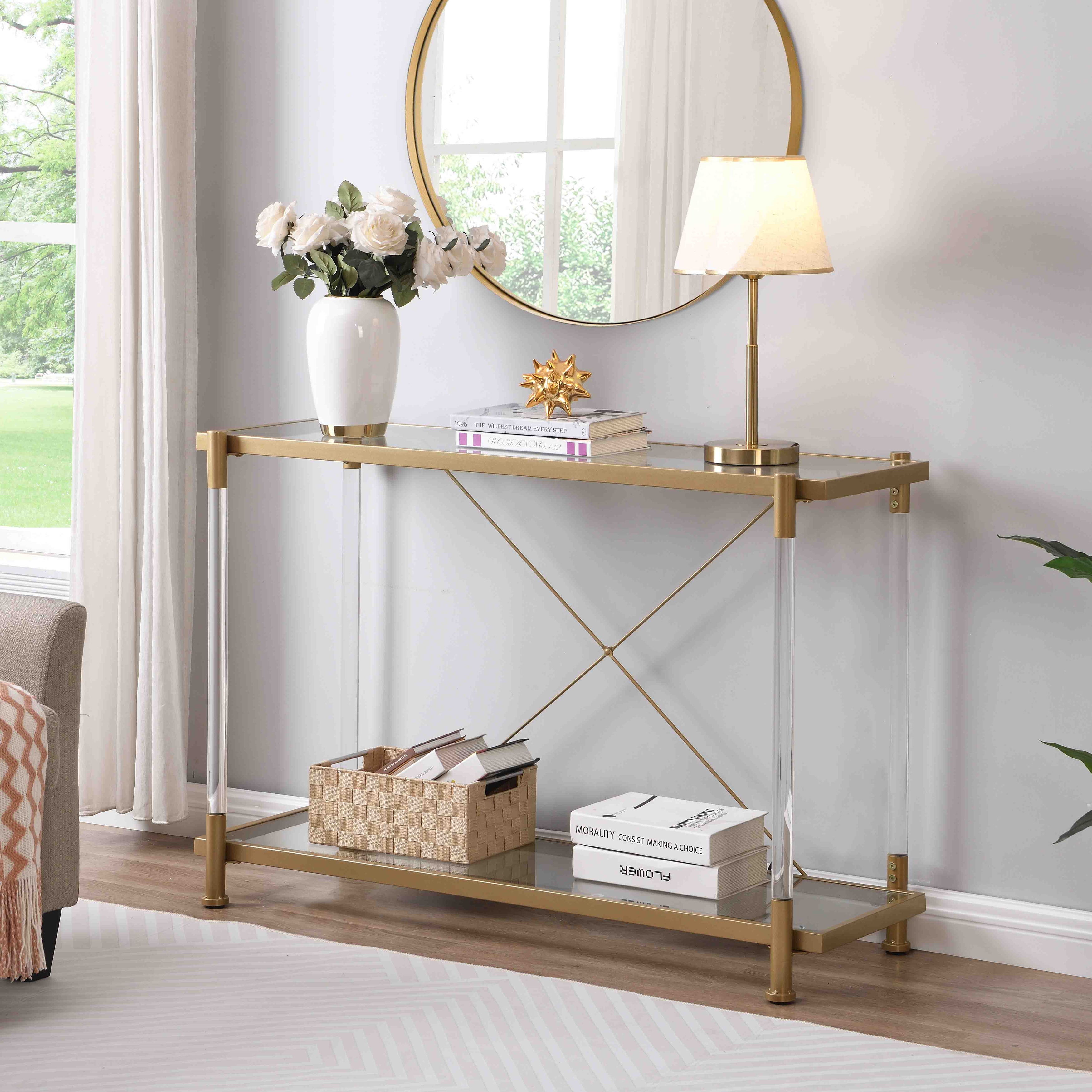 Golden 43.3 Metal and Acrylic Console Table with 2 Tier Glass Shelves