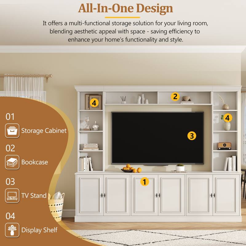 4-Piece Wall Unit Entertainment Center with Bookshelf for TVs Up to 70", Mid-Century Modern 97.4" TV Stand with Adjustable Shelf