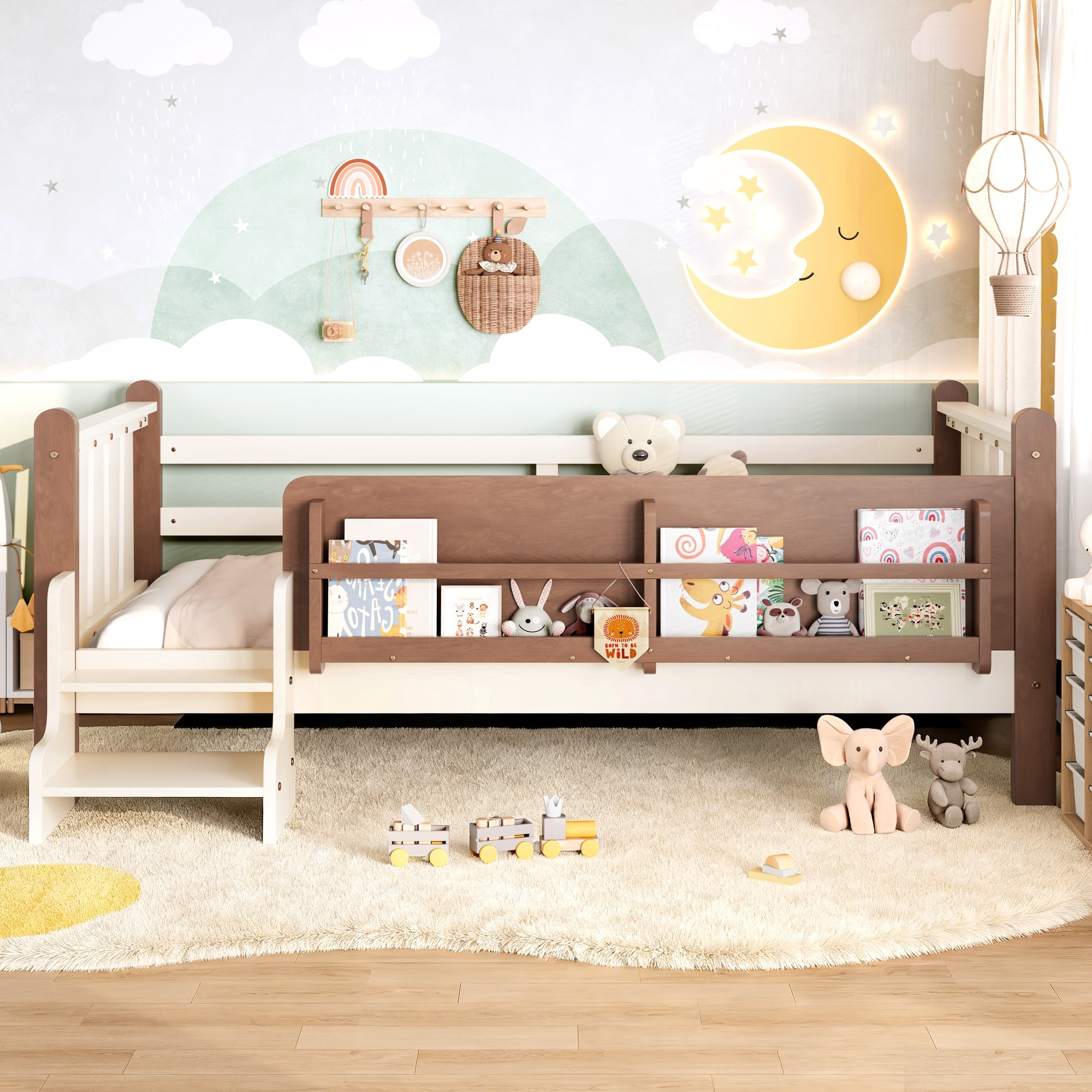 Roomfitters Wood Floor Bed, Storage Bookcase & 2-Step Safety Stairs, Kids Platform Bed with Guardrails