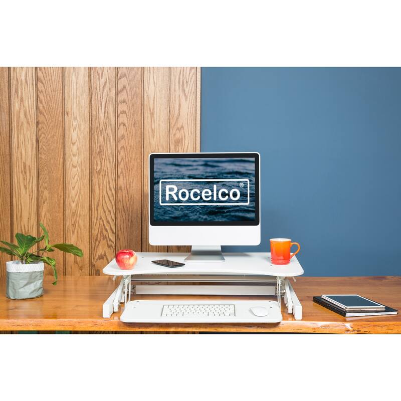 Rocelco 32 in. W White Height Adjustable Standing Desk Converter with Anti Fatigue Mat, Dual Monitor and Gas Spring Tray System